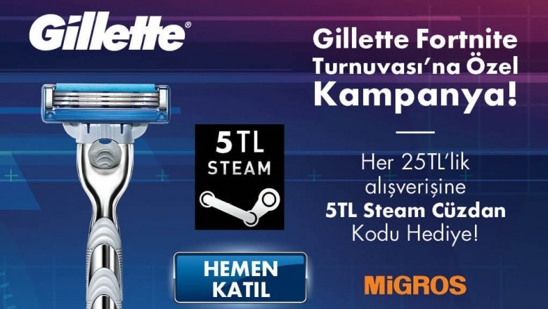 25 TL’lik Gillette alışverişine 5 TL’lik Steam Cüzdan kodu hediye