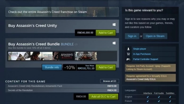 Steam’de Assassin’s Creed Unity’in Fiyatı 84 Bin Dolar Oldu